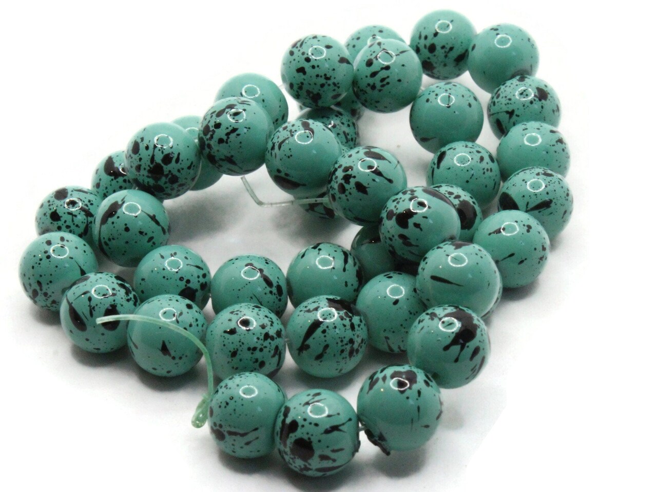 40 10mm Teal Green with Black Splatter Paint Smooth Round Glass Beads